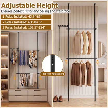 Adjustable Floor-to-Ceiling Clothes Rack with 2 Hanging Rods, Black