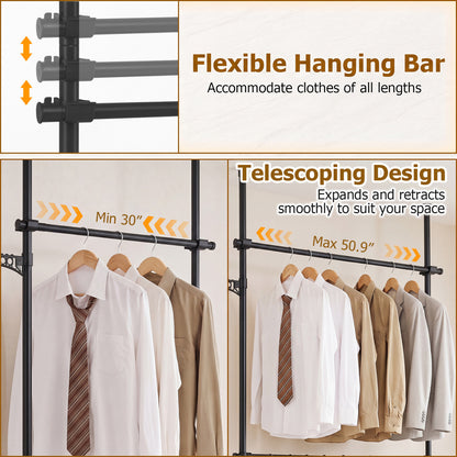 Adjustable Floor-to-Ceiling Clothes Rack with 2 Hanging Rods, Black