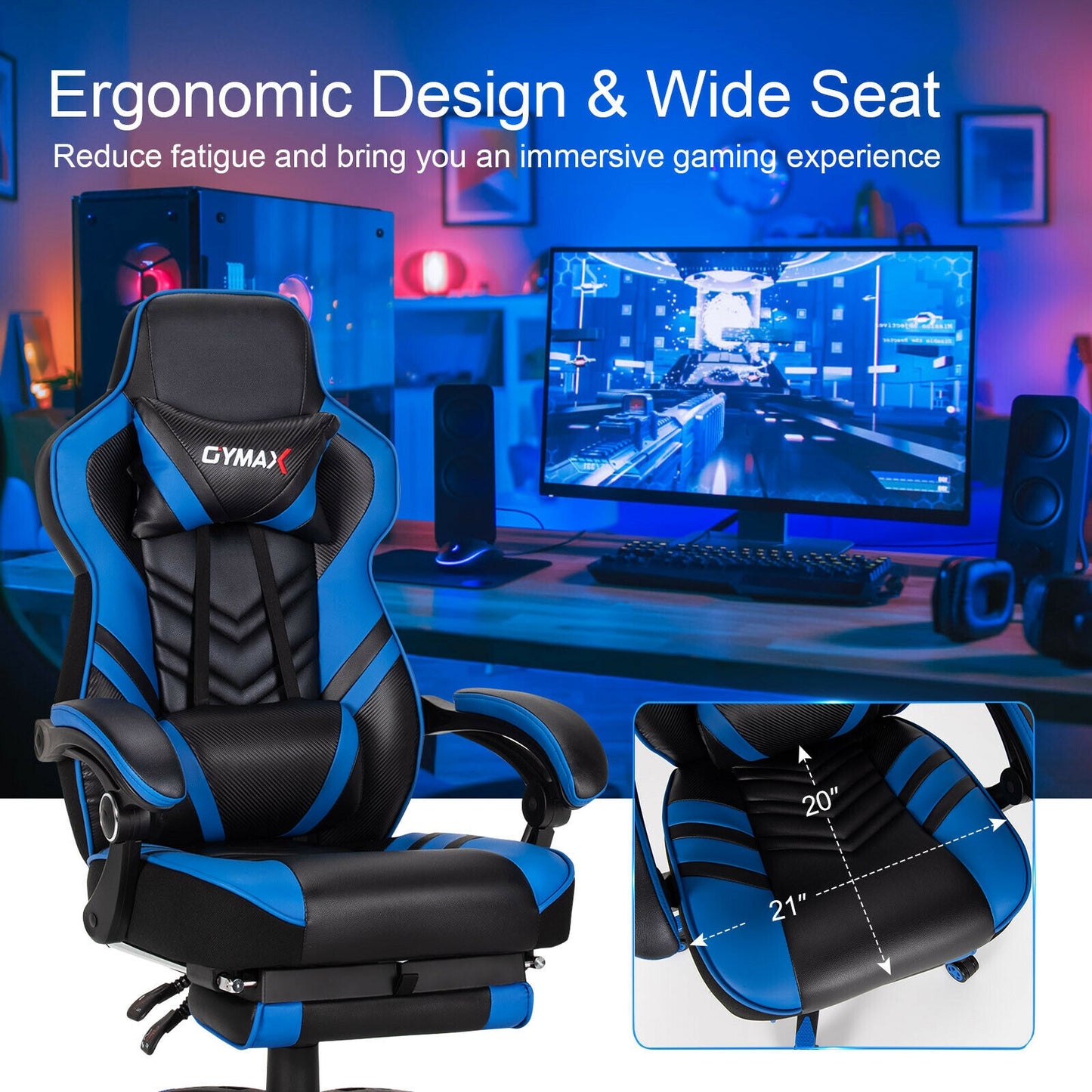 Adjustable Gaming Chair With Footrest, Blue Gaming Chairs at Gallery Canada