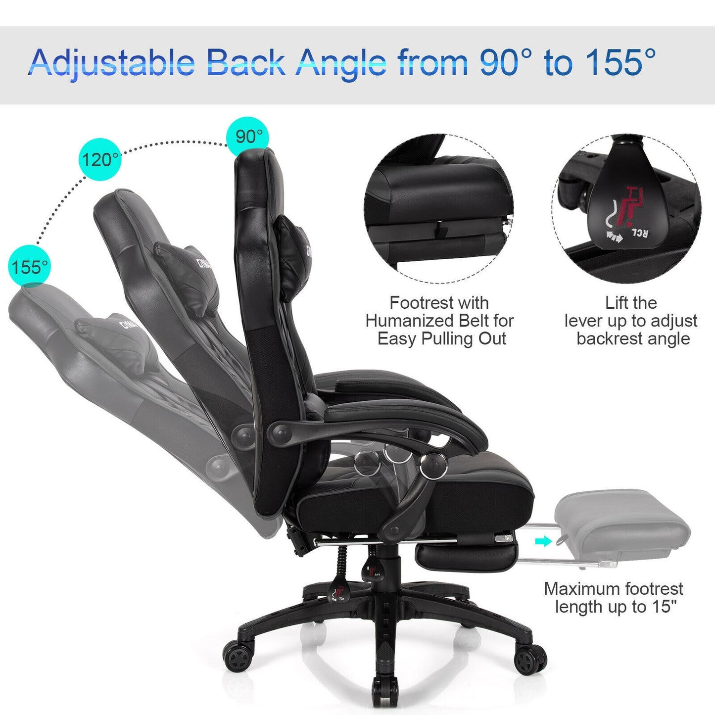 Adjustable Gaming Chair With Footrest, Black Gaming Chairs at Gallery Canada