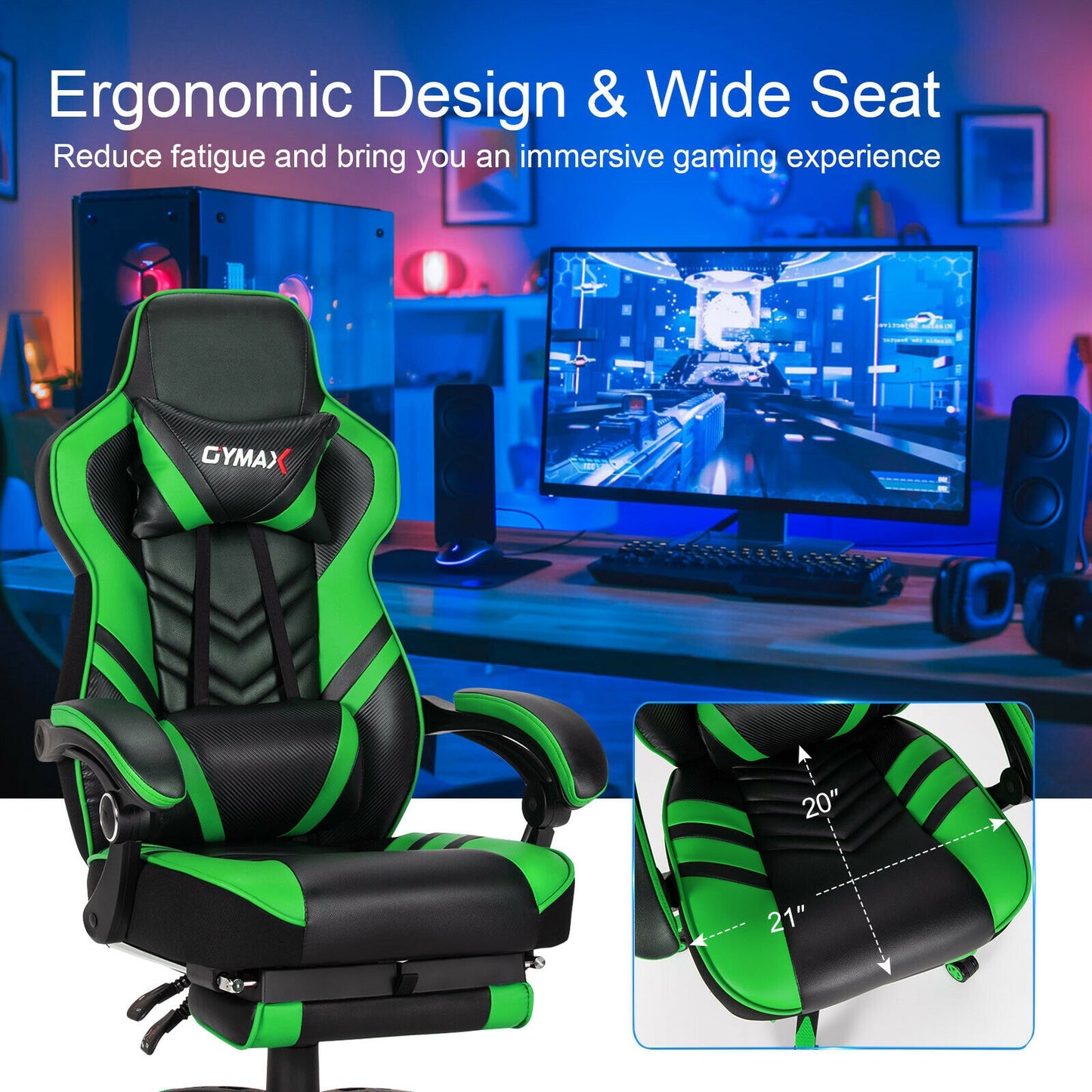 Adjustable Gaming Chair With Footrest, Green Gaming Chairs at Gallery Canada
