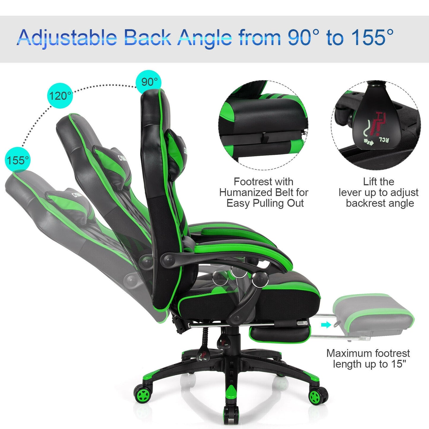 Adjustable Gaming Chair With Footrest, Green Gaming Chairs at Gallery Canada