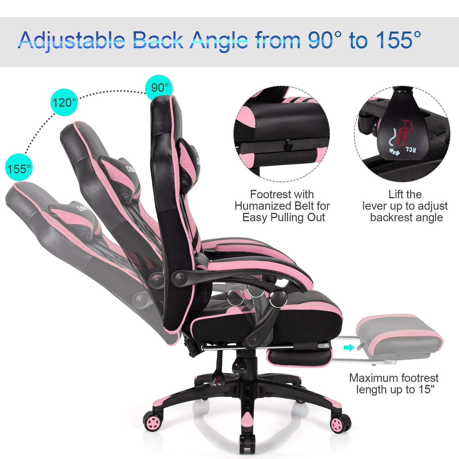 Adjustable Gaming Chair With Footrest, Pink Gaming Chairs at Gallery Canada