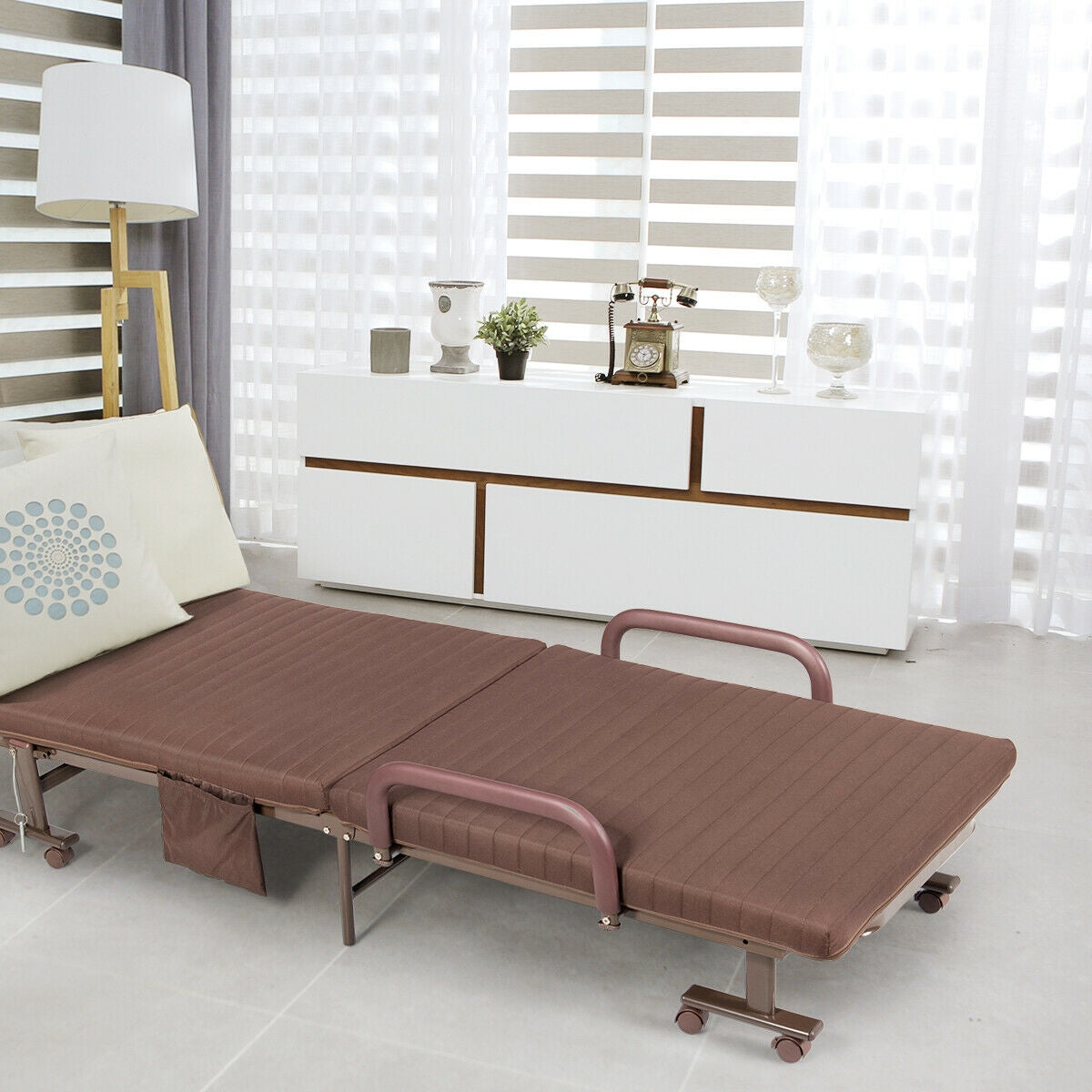 Adjustable Guest Single Bed Lounge Portable Wheels, Brown Folding Beds at Gallery Canada