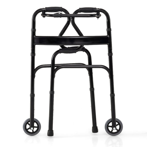 Adjustable Heavy Duty Folding Walker, Unidirectional Wheels, Bi Level Armrests, Black