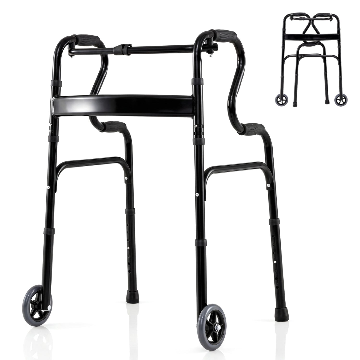 Adjustable Heavy Duty Folding Walker, Unidirectional Wheels, Bi Level Armrests, Black Walkers & Rollators at Gallery Canada