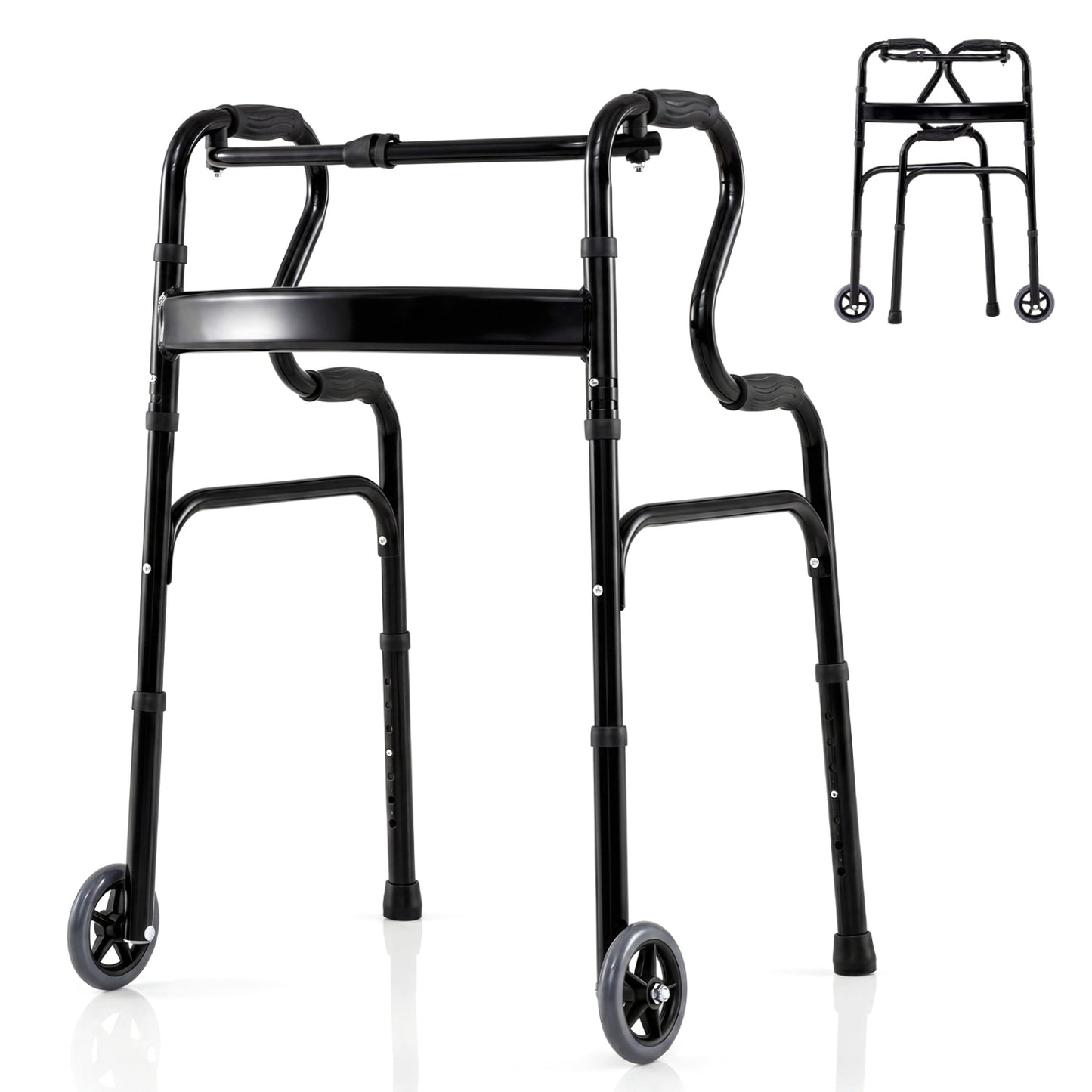 Adjustable Heavy Duty Folding Walker, Unidirectional Wheels, Bi Level Armrests, Black Walkers & Rollators at Gallery Canada