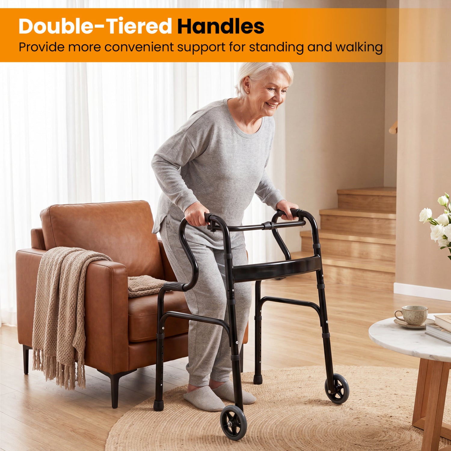 Adjustable Heavy Duty Folding Walker, Unidirectional Wheels, Bi Level Armrests, Black Walkers & Rollators at Gallery Canada