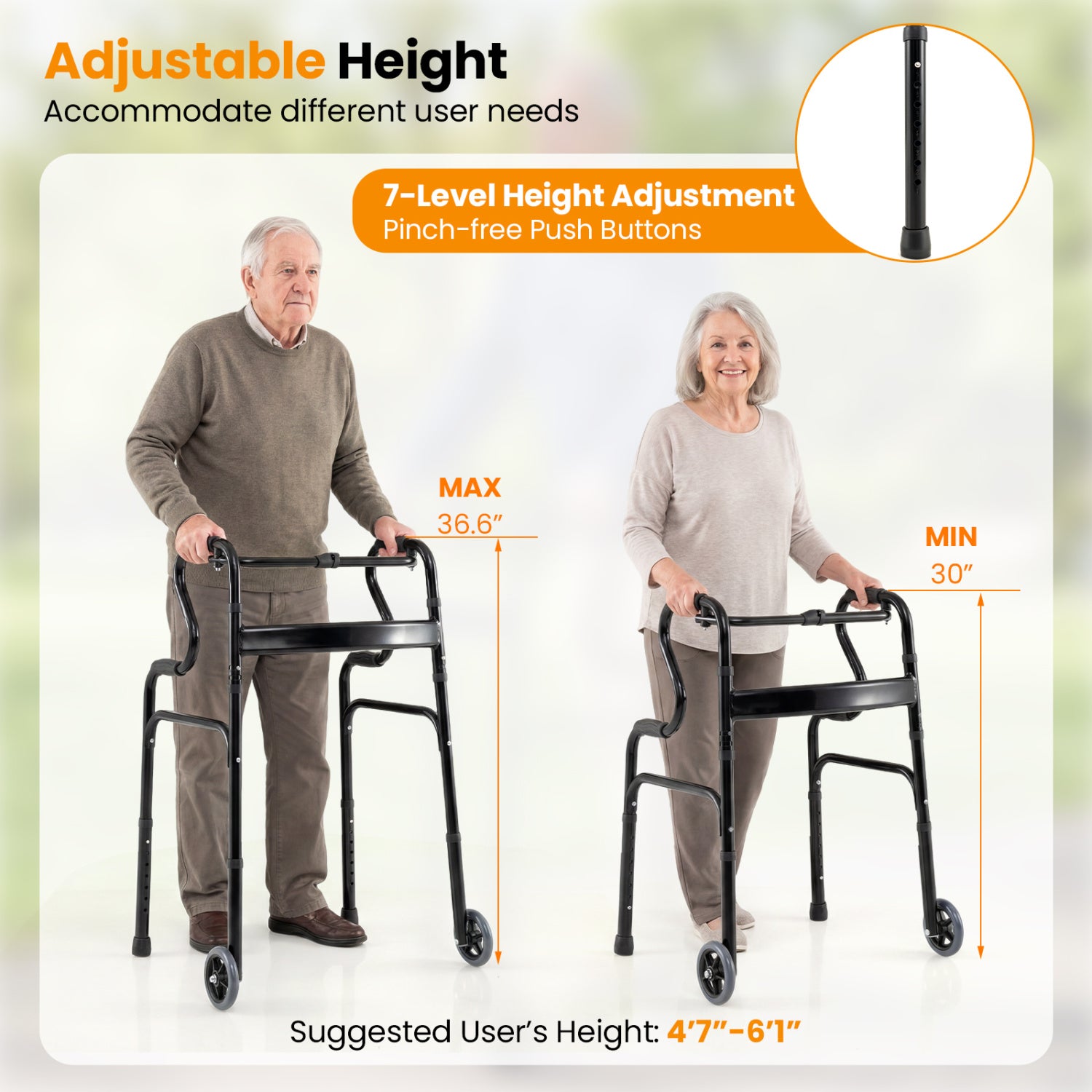 Adjustable Heavy Duty Folding Walker, Unidirectional Wheels, Bi Level Armrests, Black Walkers & Rollators at Gallery Canada