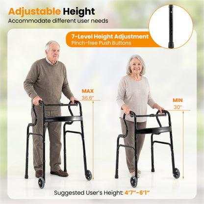 Adjustable Heavy Duty Folding Walker, Unidirectional Wheels, Bi Level Armrests, Black Walkers & Rollators at Gallery Canada