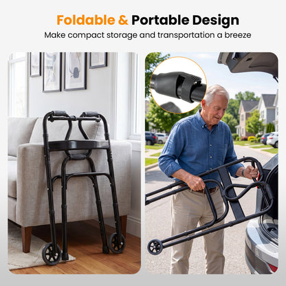 Adjustable Heavy Duty Folding Walker, Unidirectional Wheels, Bi Level Armrests, Black Walkers & Rollators at Gallery Canada