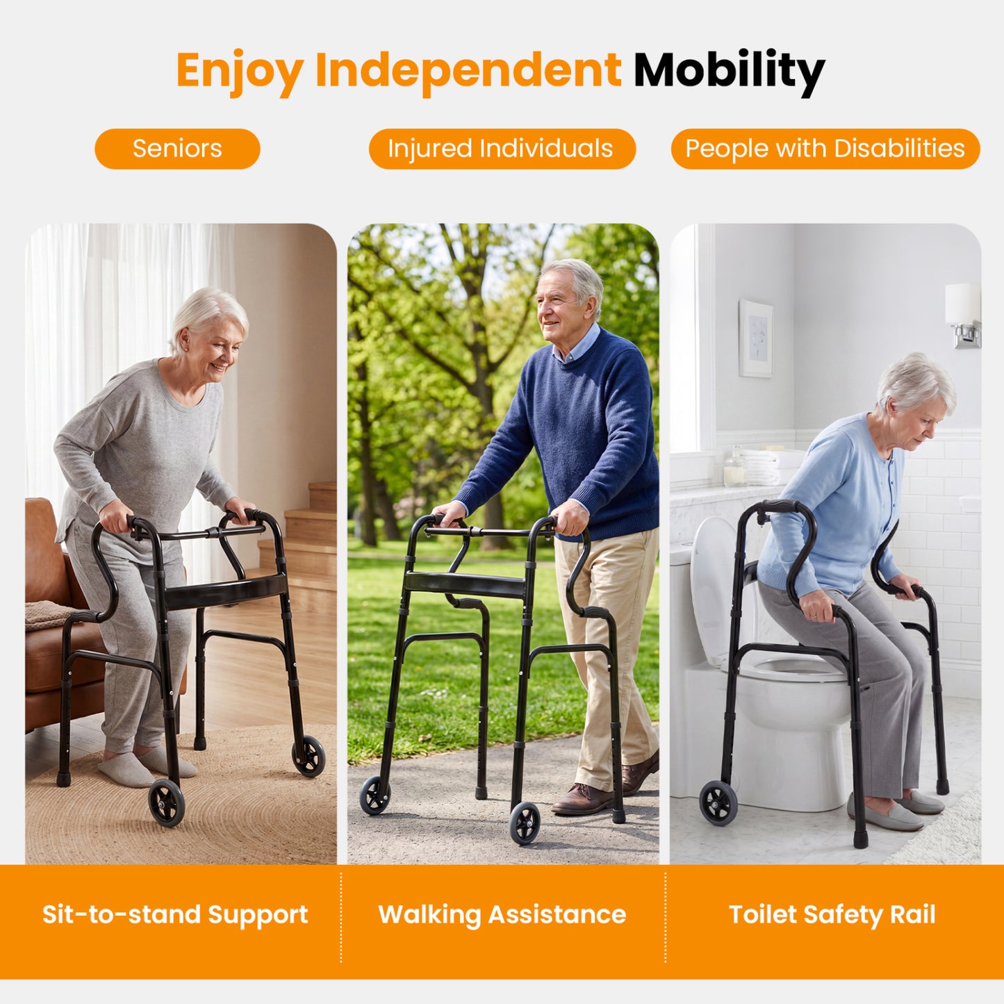 Adjustable Heavy Duty Folding Walker, Unidirectional Wheels, Bi Level Armrests, Black Walkers & Rollators at Gallery Canada