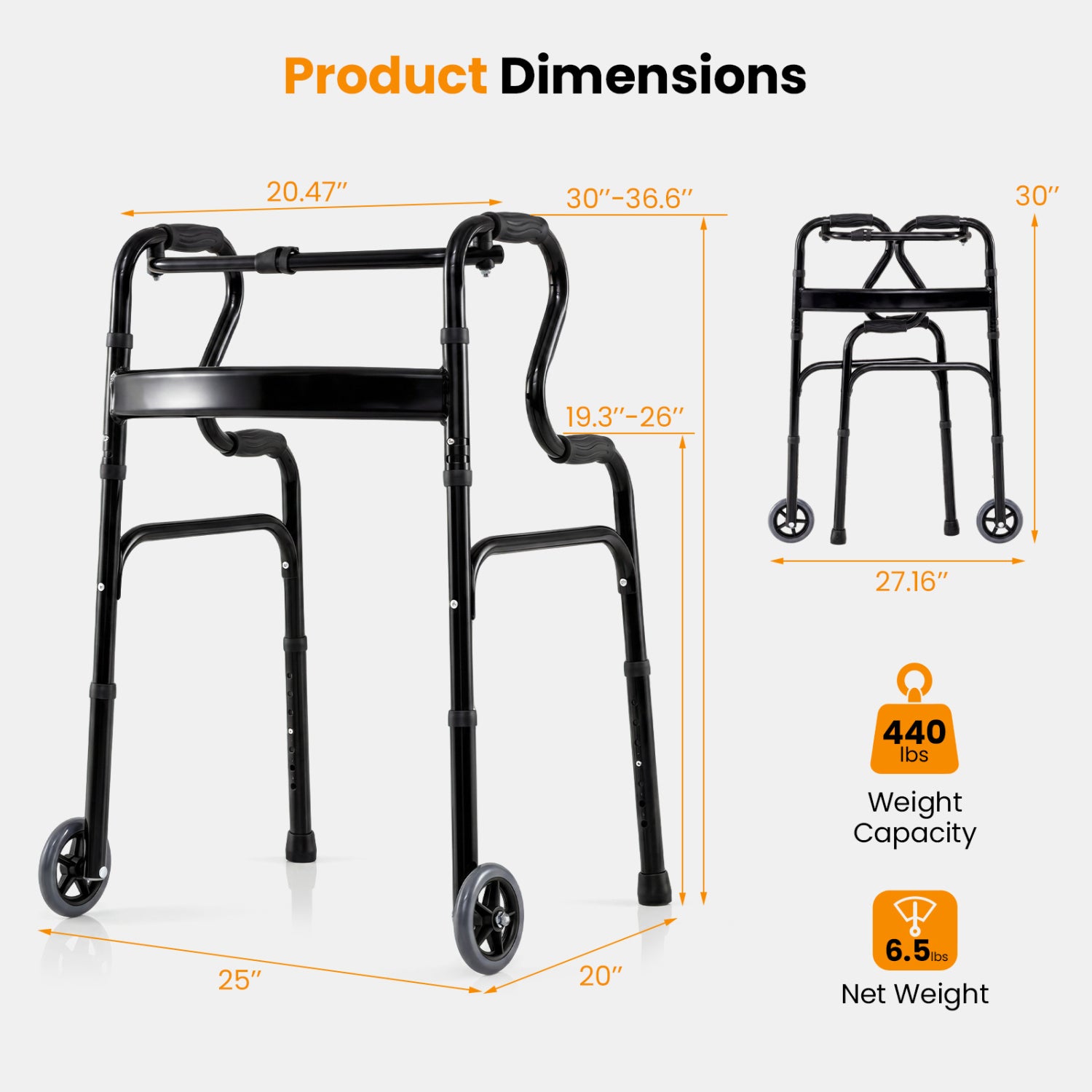 Adjustable Heavy Duty Folding Walker, Unidirectional Wheels, Bi Level Armrests, Black Walkers & Rollators at Gallery Canada
