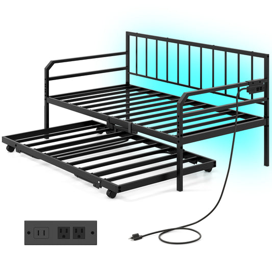 Adjustable Metal Twin Size Daybed With Charging Station, LED Light, Black