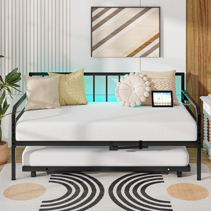Adjustable Metal Twin Size Daybed With Charging Station, LED Light, Black