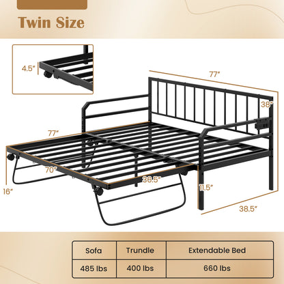 Adjustable Metal Twin Size Daybed With Charging Station, LED Light, Black