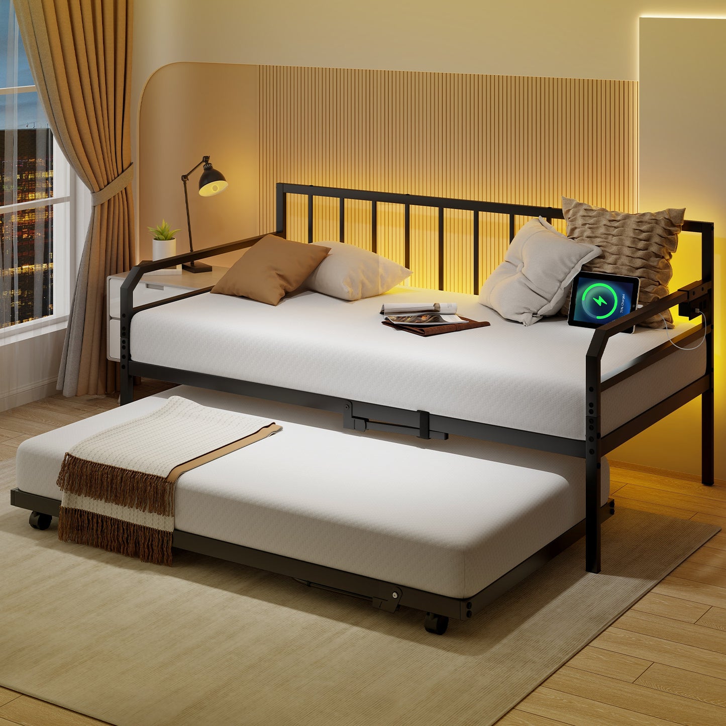 Adjustable Metal Twin Size Daybed With Charging Station, LED Light, Black