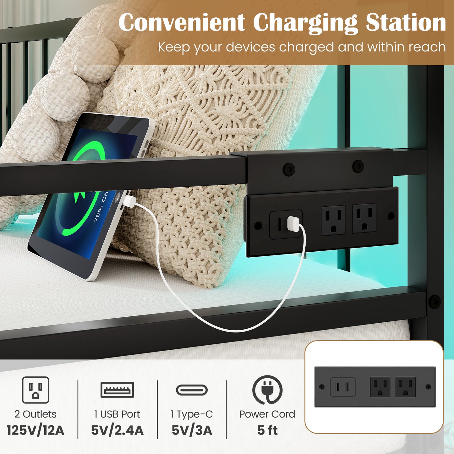 Adjustable Metal Twin Size Daybed With Charging Station, LED Light, Black