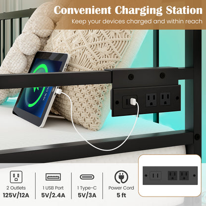 Adjustable Metal Twin Size Daybed With Charging Station, LED Light, Black