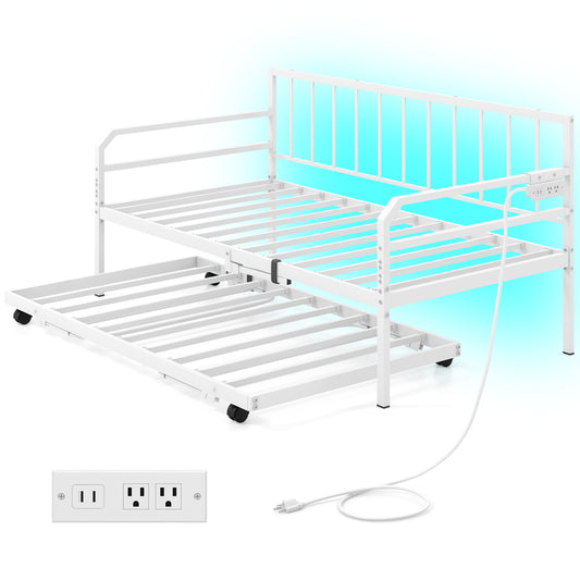 Adjustable Metal Twin Size Daybed With Charging Station, LED Light, White Trundle Bed Frame White at Gallery Canada