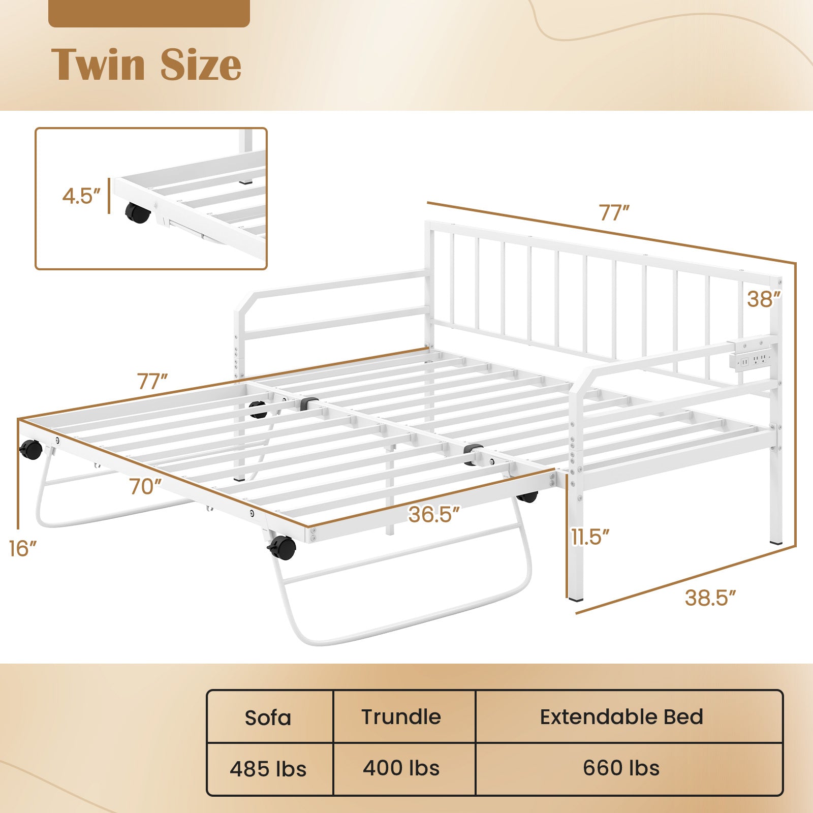 Adjustable Metal Twin Size Daybed With Charging Station, LED Light, White Trundle Bed Frame at Gallery Canada
