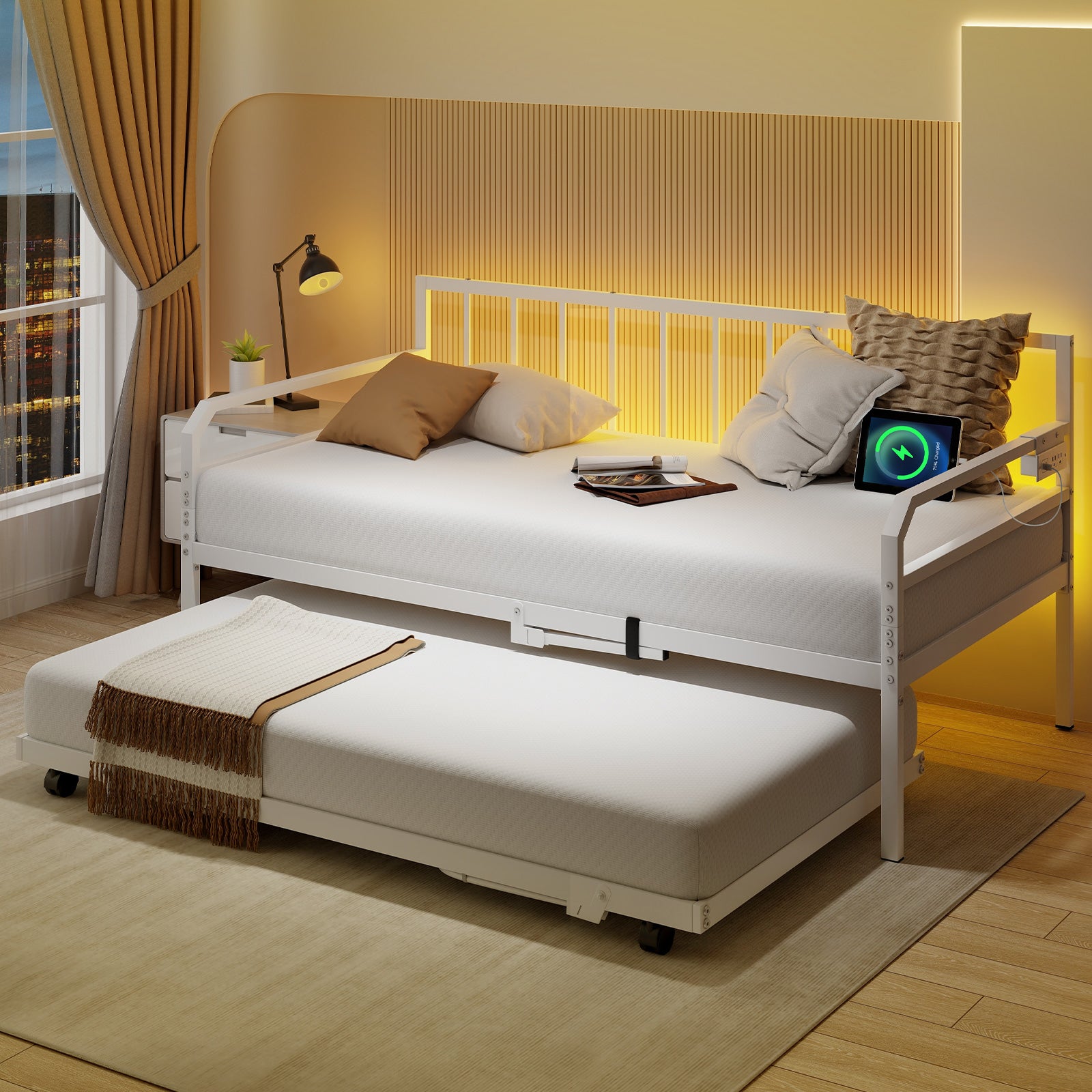 Adjustable Metal Twin Size Daybed With Charging Station, LED Light, White Trundle Bed Frame at Gallery Canada