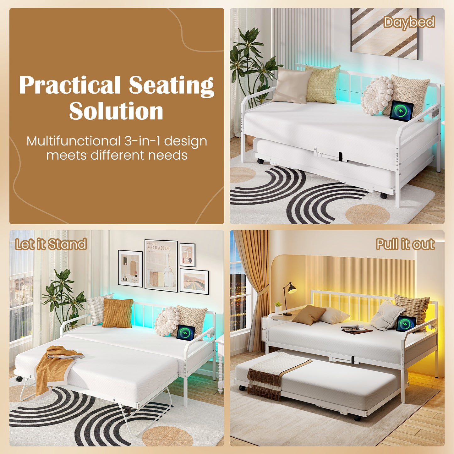 Adjustable Metal Twin Size Daybed With Charging Station, LED Light, White Trundle Bed Frame at Gallery Canada