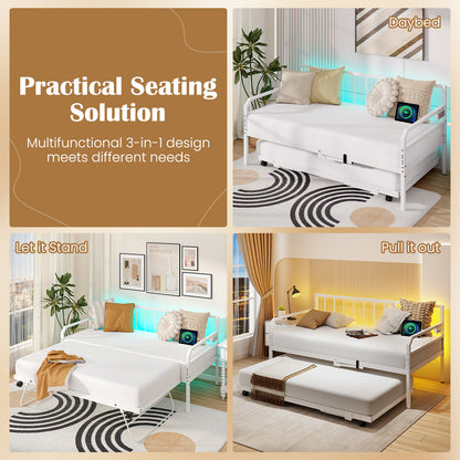 Adjustable Metal Twin Size Daybed With Charging Station, LED Light, White Trundle Bed Frame at Gallery Canada