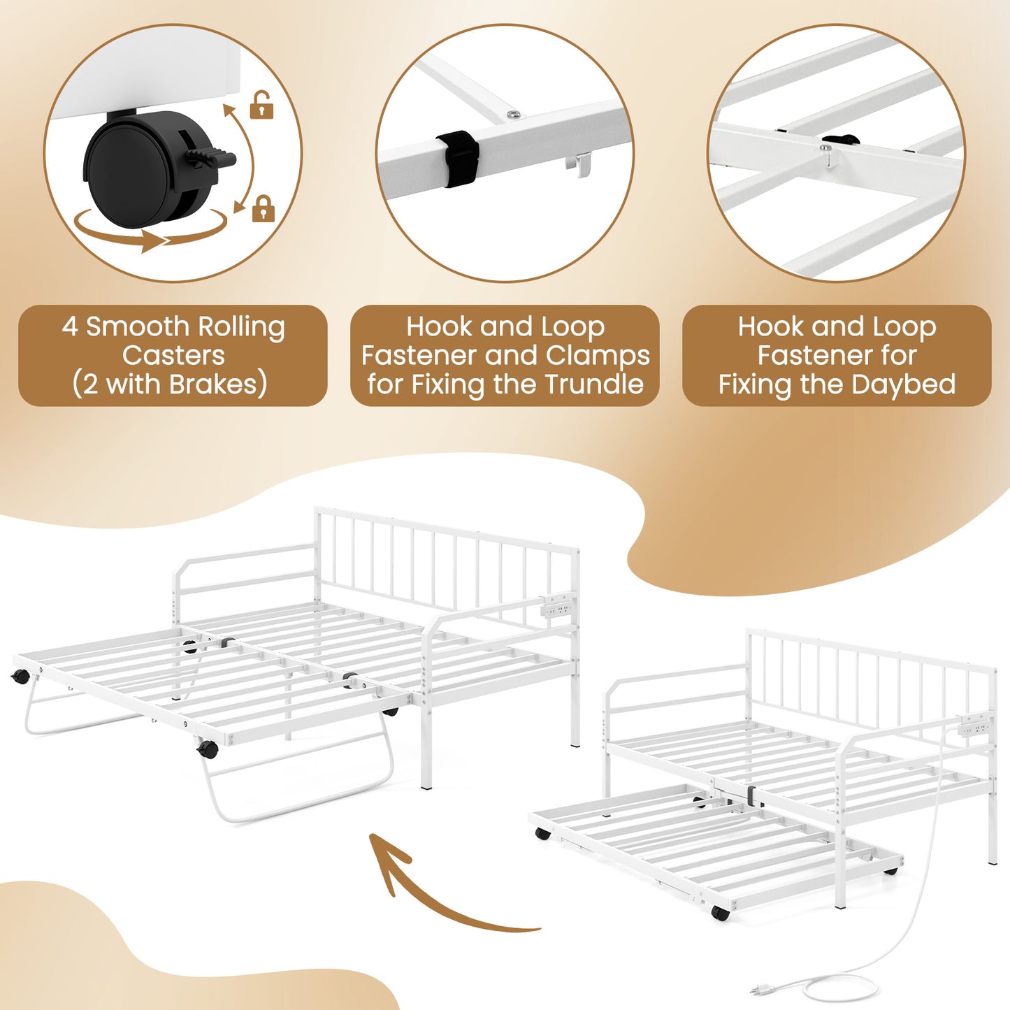 Adjustable Metal Twin Size Daybed With Charging Station, LED Light, White Trundle Bed Frame at Gallery Canada
