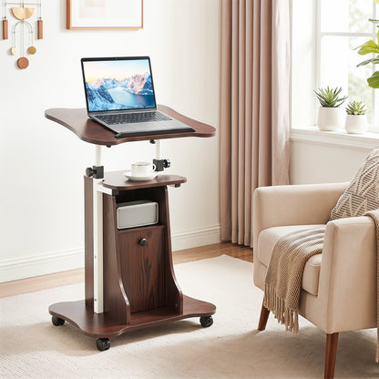 Adjustable Mobile Standing Desk Cart with Tilt Desktop and Cabinet, Brown Laptop Tables & Printer Stands at Gallery Canada