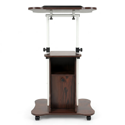 Adjustable Mobile Standing Desk Cart with Tilt Desktop and Cabinet, Brown Laptop Tables & Printer Stands Brown at Gallery Canada
