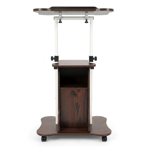 Adjustable Mobile Standing Desk Cart with Tilt Desktop and Cabinet, Brown