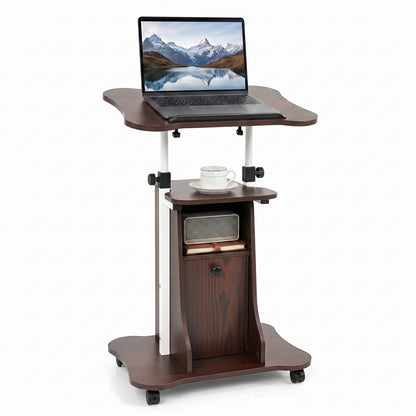 Adjustable Mobile Standing Desk Cart with Tilt Desktop and Cabinet, Brown Laptop Tables & Printer Stands at Gallery Canada