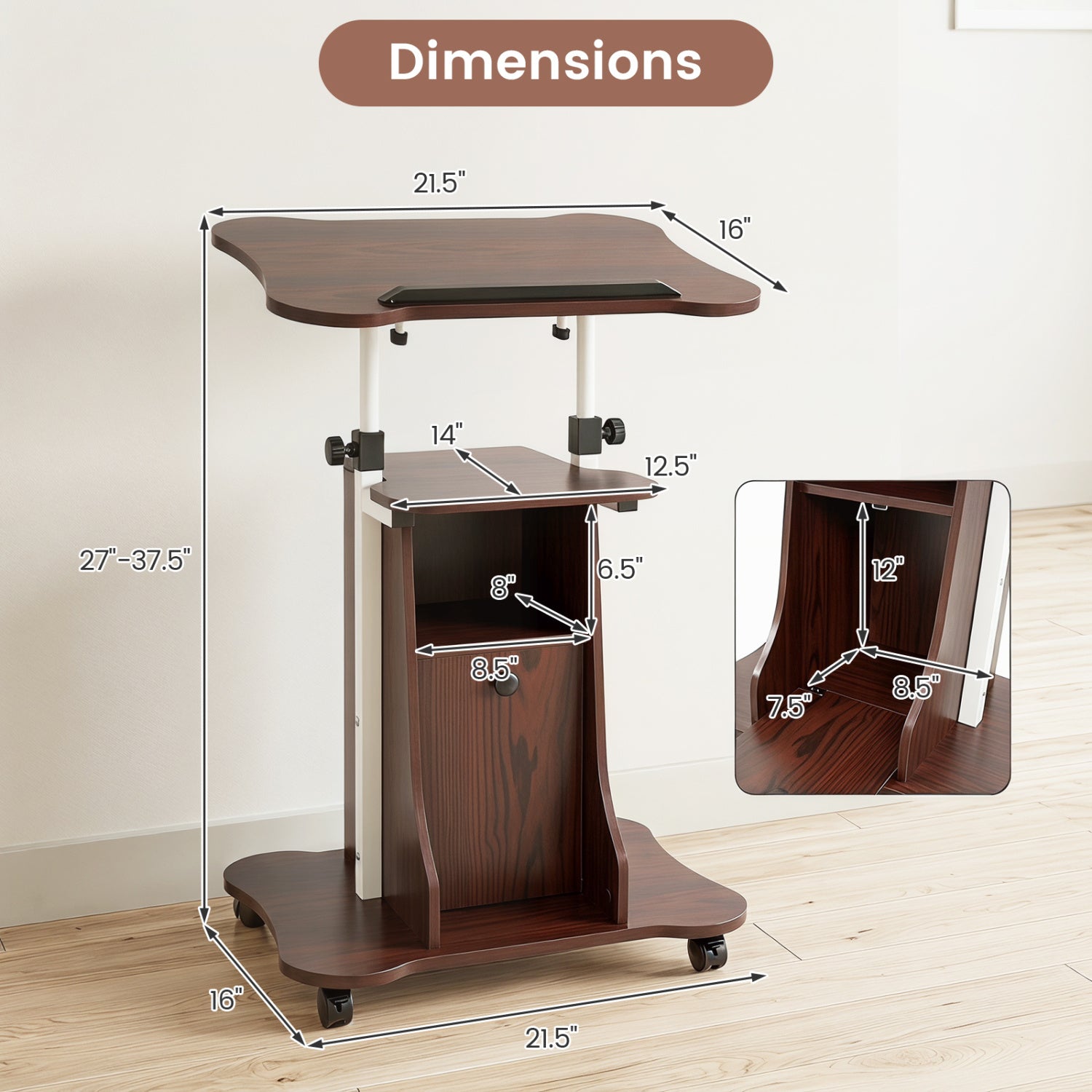 Adjustable Mobile Standing Desk Cart with Tilt Desktop and Cabinet, Brown Laptop Tables & Printer Stands at Gallery Canada
