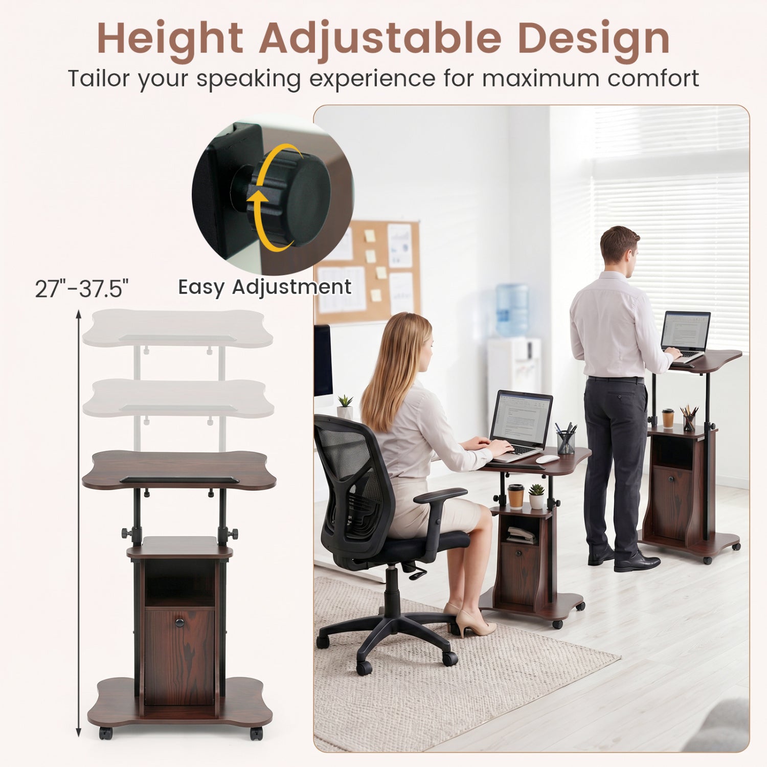 Adjustable Mobile Standing Desk Cart with Tilt Desktop and Cabinet, Brown Laptop Tables & Printer Stands at Gallery Canada