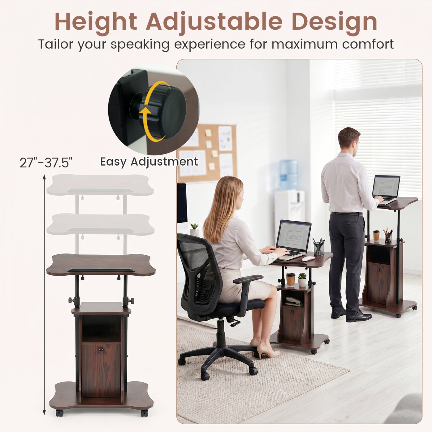 Adjustable Mobile Standing Desk Cart with Tilt Desktop and Cabinet, Brown Laptop Tables & Printer Stands at Gallery Canada