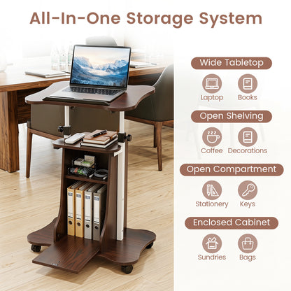 Adjustable Mobile Standing Desk Cart with Tilt Desktop and Cabinet, Brown Laptop Tables & Printer Stands at Gallery Canada