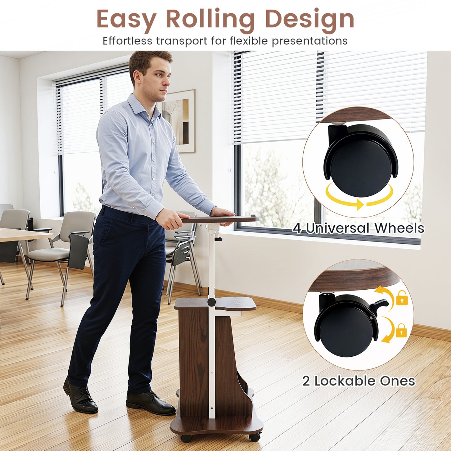 Adjustable Mobile Standing Desk Cart with Tilt Desktop and Cabinet, Brown Laptop Tables & Printer Stands at Gallery Canada