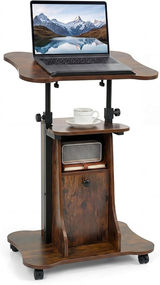 Adjustable Mobile Standing Desk Cart with Tilt Desktop and Cabinet, Rustic Brown Laptop Tables & Printer Stands Rustic Brown at Gallery Canada