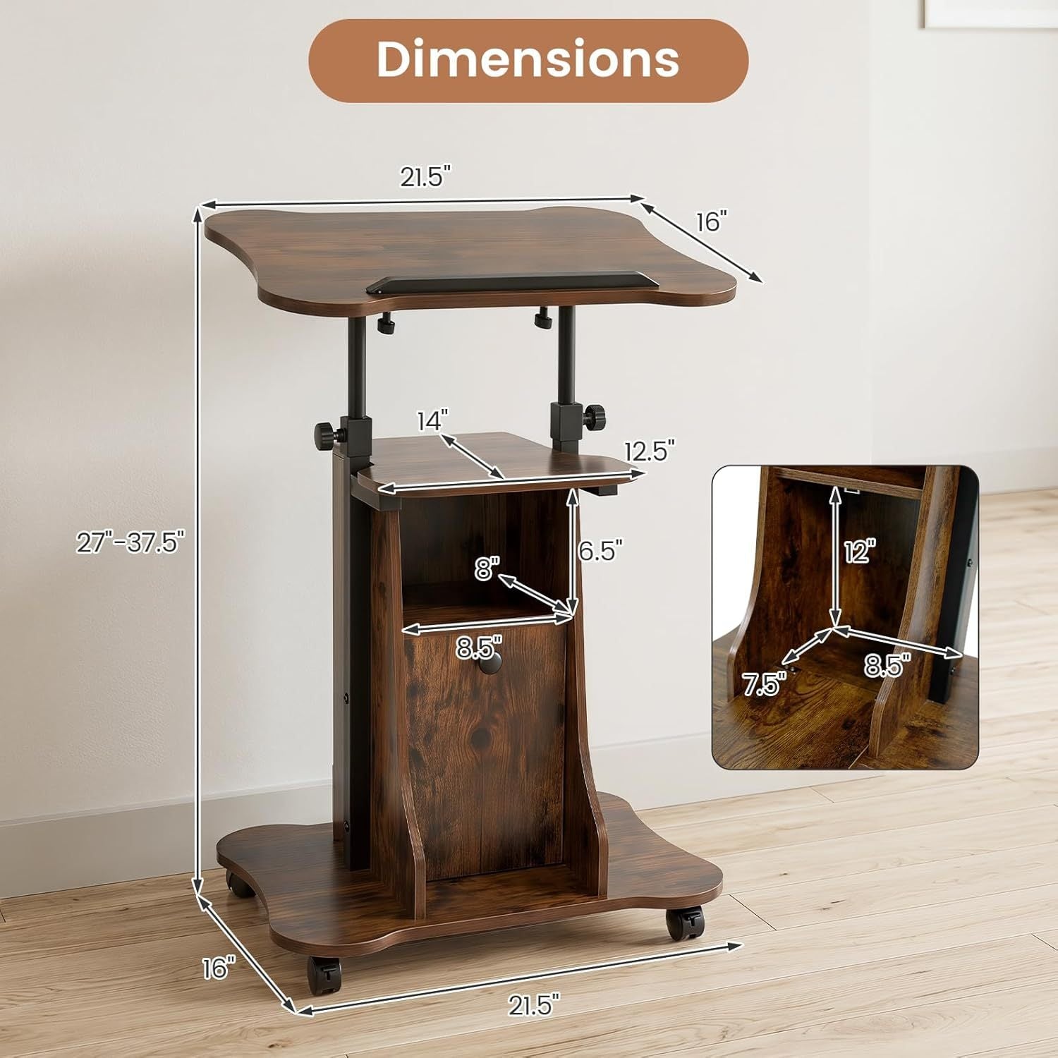 Adjustable Mobile Standing Desk Cart with Tilt Desktop and Cabinet, Rustic Brown Laptop Tables & Printer Stands at Gallery Canada