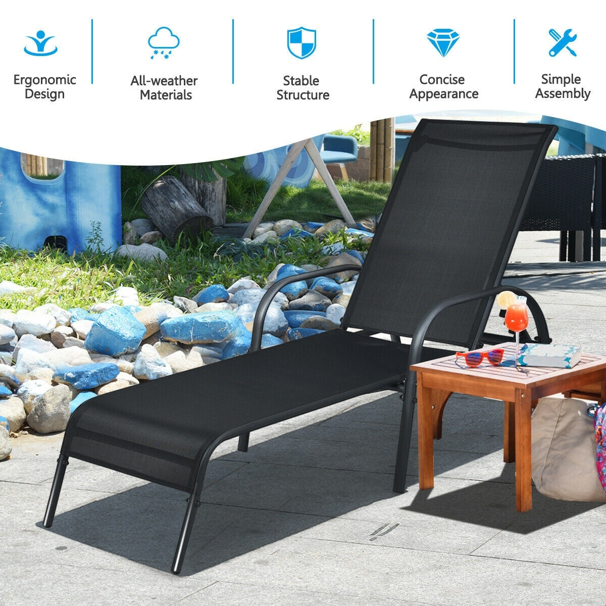 Adjustable Patio Chaise Lounge Chair, Black Outdoor Chaise Lounges at Gallery Canada