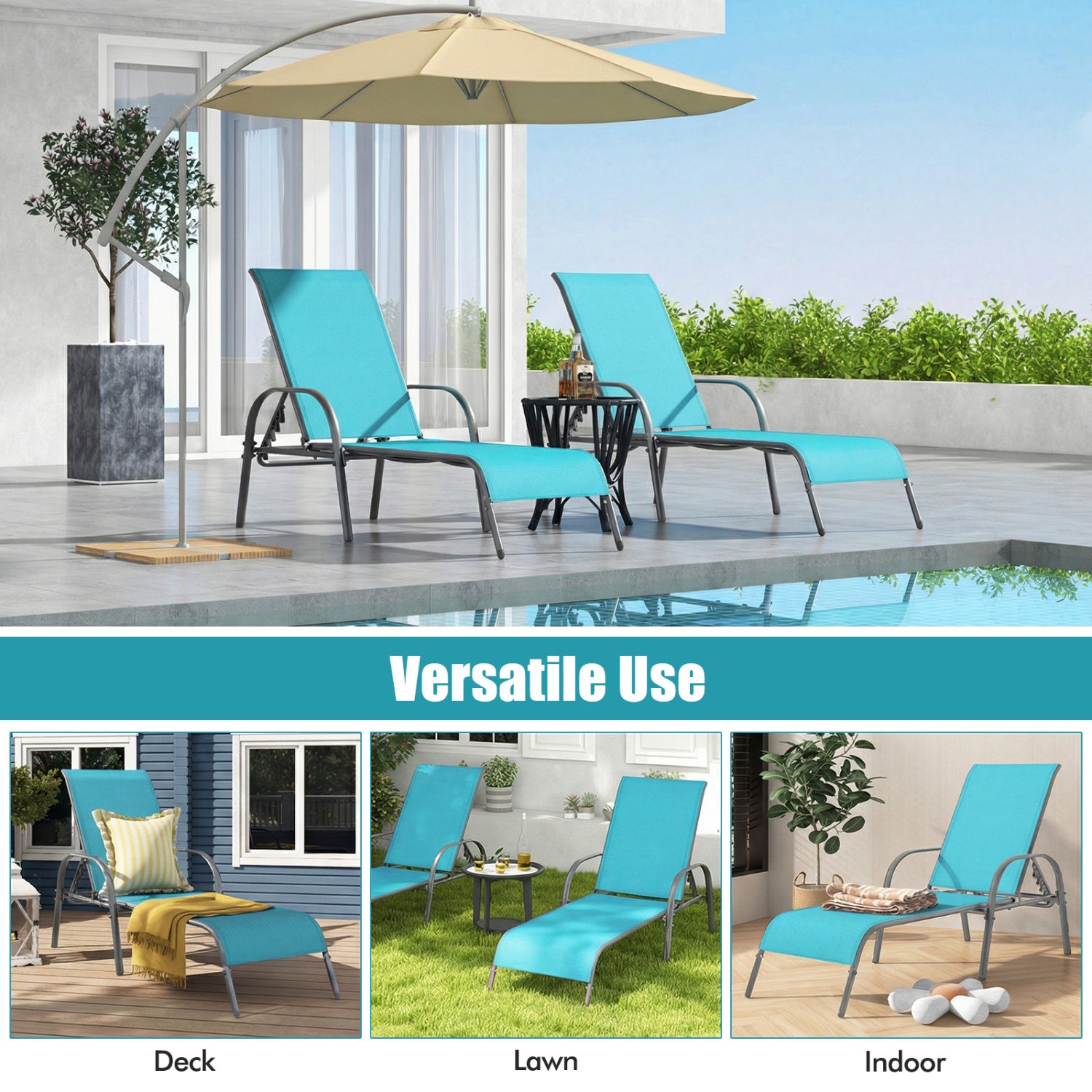 Adjustable Patio Chaise Folding Lounge Chair, Turquoise Outdoor Chaise Lounges at Gallery Canada