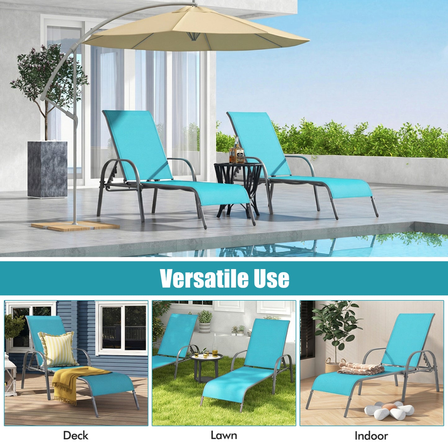 Adjustable Patio Chaise Folding Lounge Chair, Turquoise Outdoor Chaise Lounges at Gallery Canada