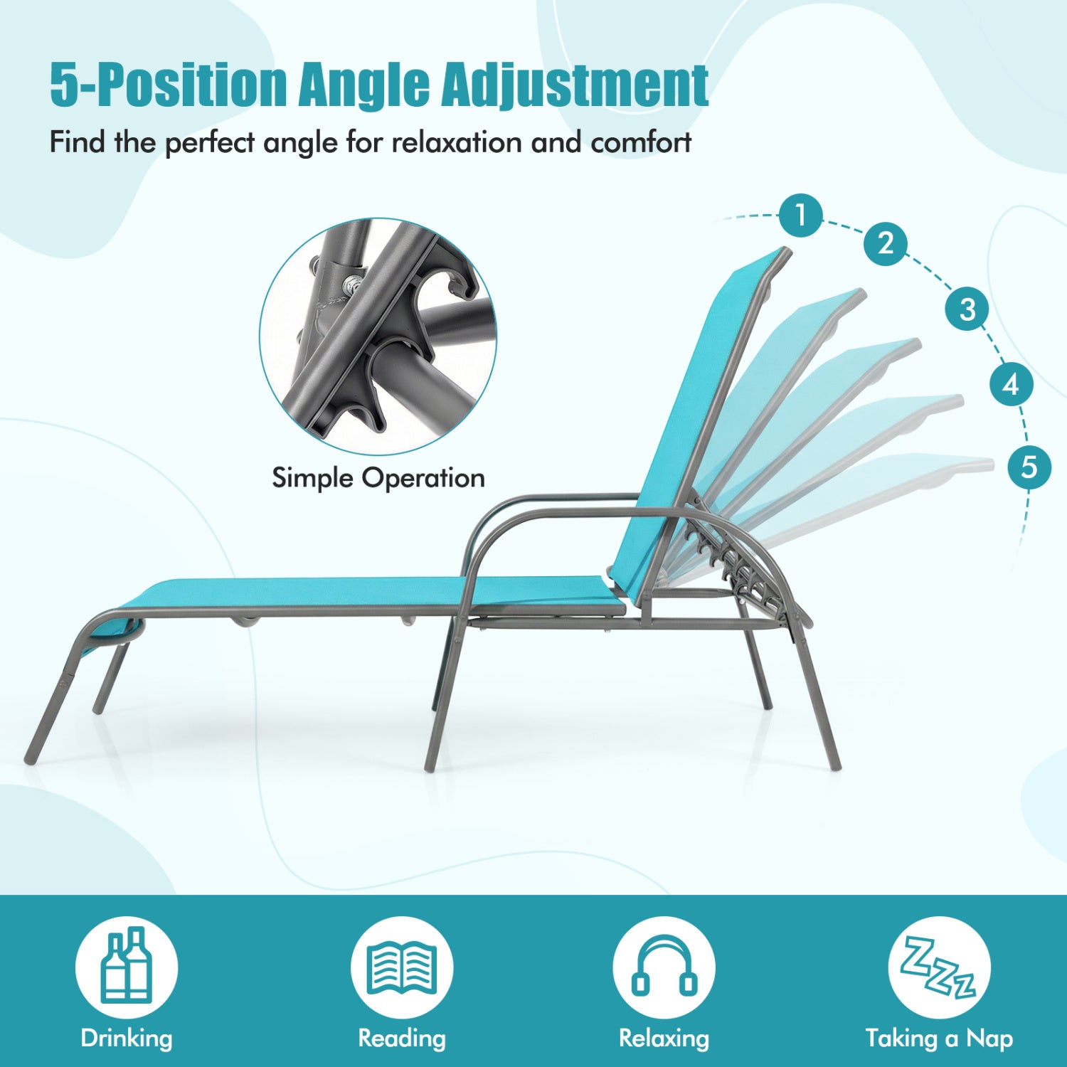 Adjustable Patio Chaise Folding Lounge Chair, Turquoise Outdoor Chaise Lounges at Gallery Canada