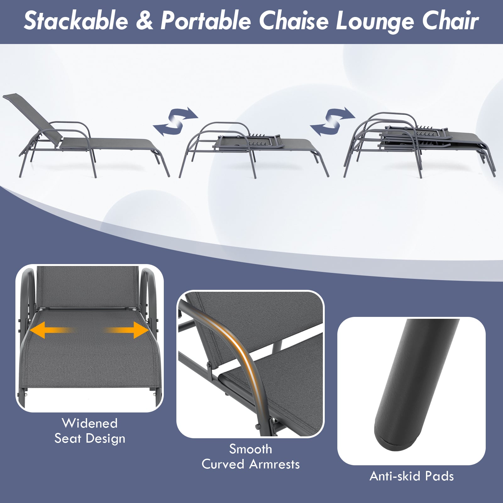 Adjustable Patio Chaise Folding Lounge Chair, Dark Gray Outdoor Chaise Lounges at Gallery Canada