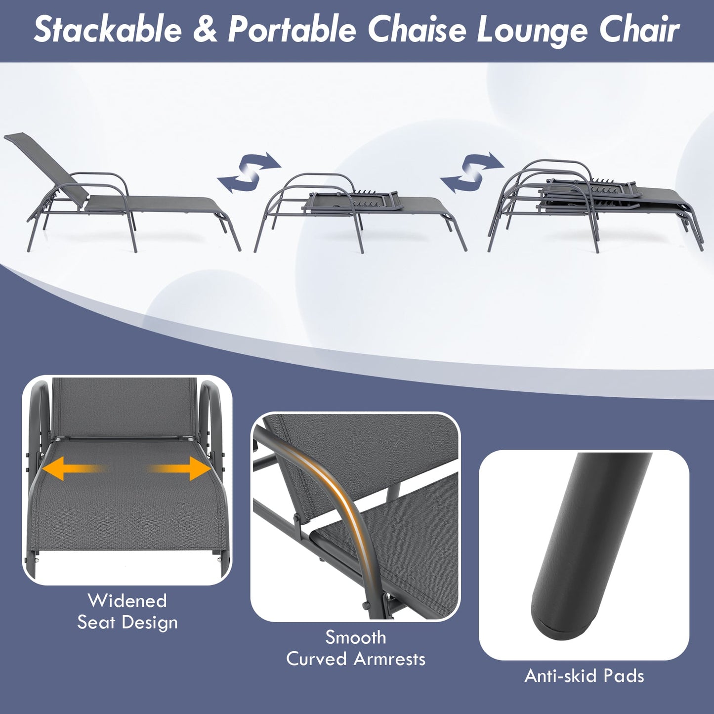 Adjustable Patio Chaise Folding Lounge Chair, Dark Gray Outdoor Chaise Lounges at Gallery Canada