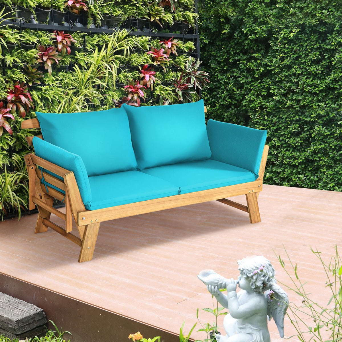 Canapé convertible de patio réglable, coussin épais, turquoise