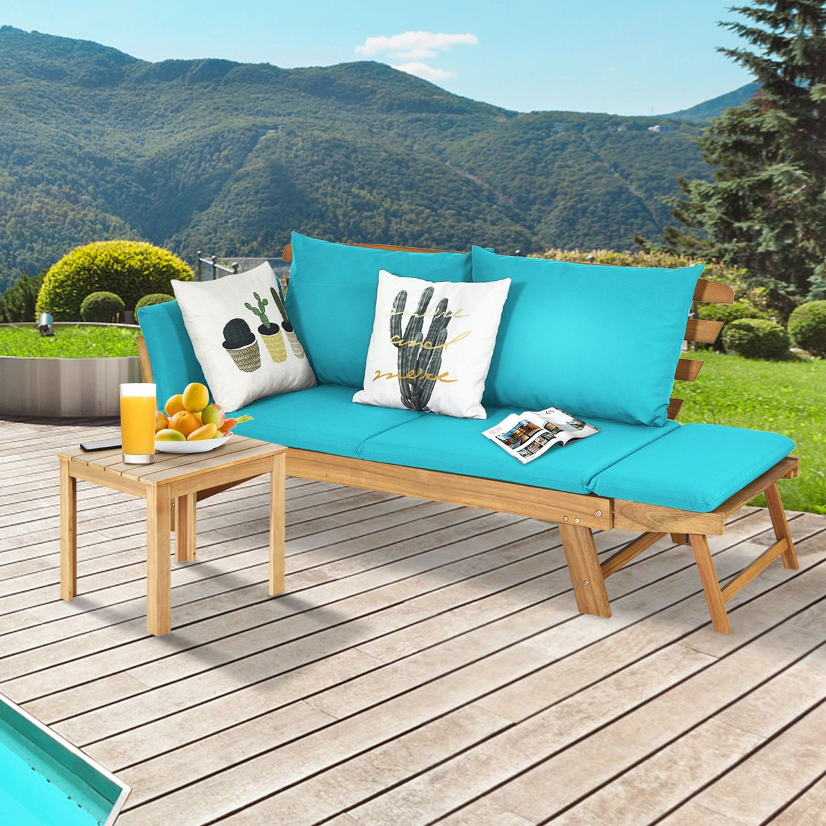 Canapé convertible de patio réglable, coussin épais, turquoise