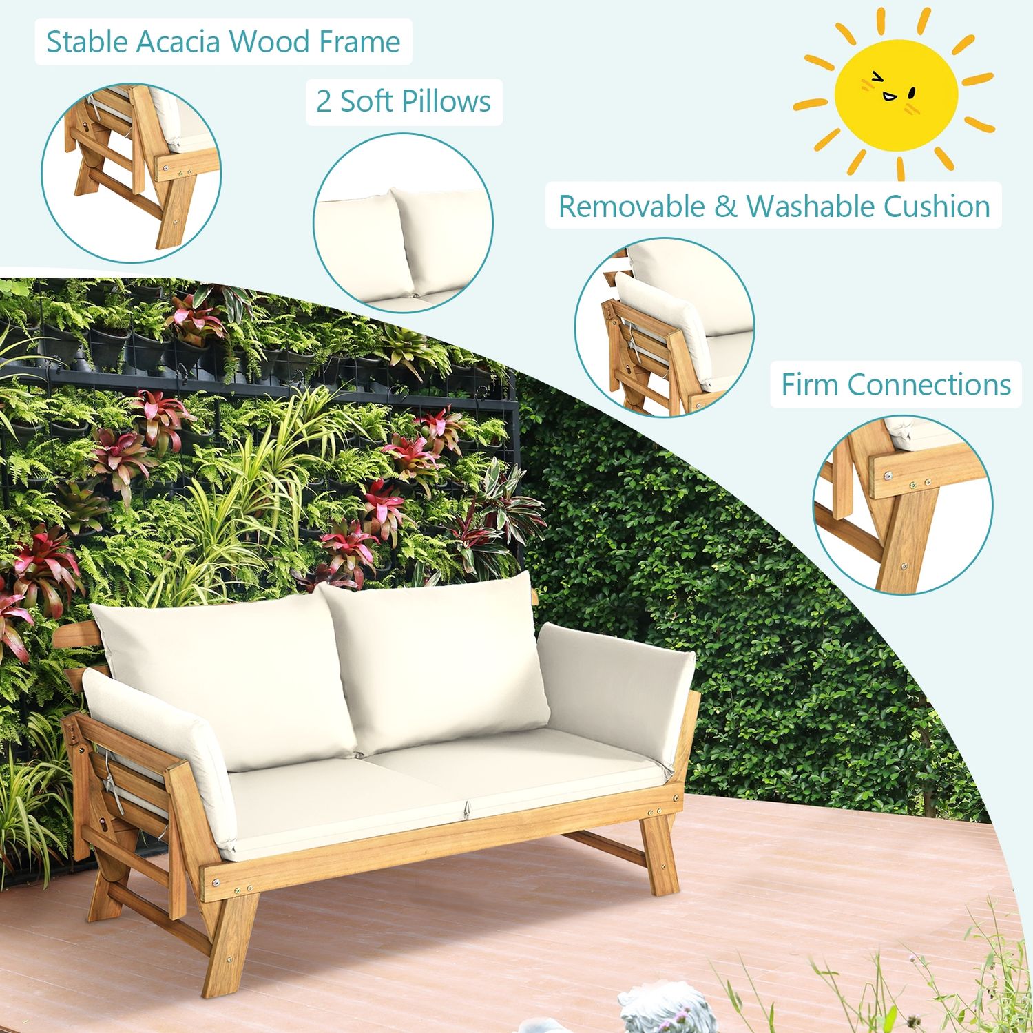 Adjustable Patio Convertible Sofa with Cushion, White Outdoor Benches at Gallery Canada