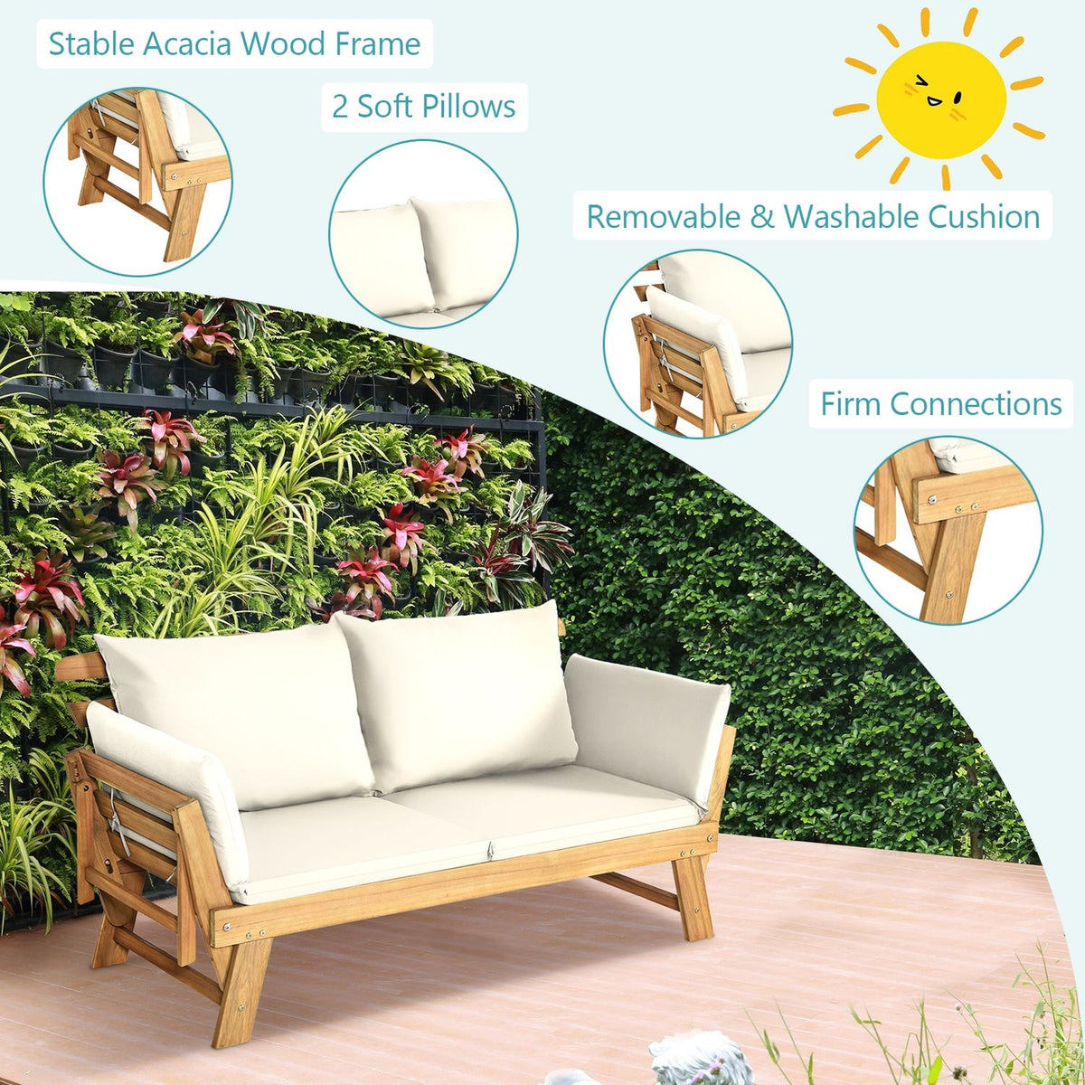 Adjustable Patio Convertible Sofa with Cushion, White Outdoor Benches at Gallery Canada